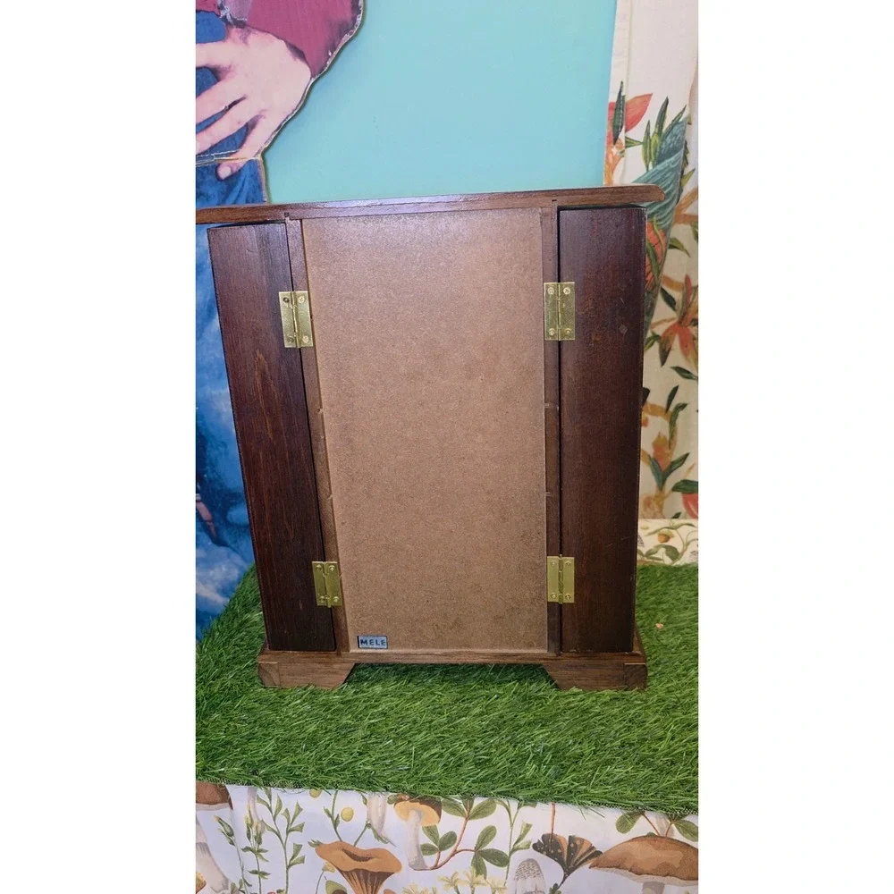 Vintage Mele Oak Wood Jewelry Box Drawers, Doors, And Lift Top 13.75